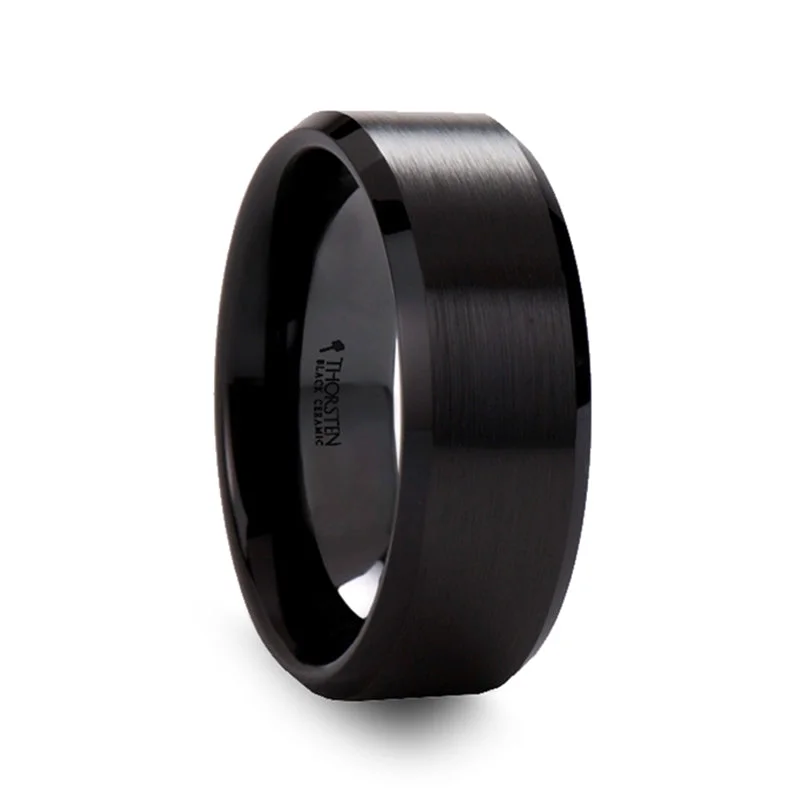 Limited-Time Offer On Elegant Jewelry Pieces Thorsten Yorkshire Brushed Finish Black Ceramic Wedding Band w/ Beveled Edges (6-8mm) W4056-BCBB