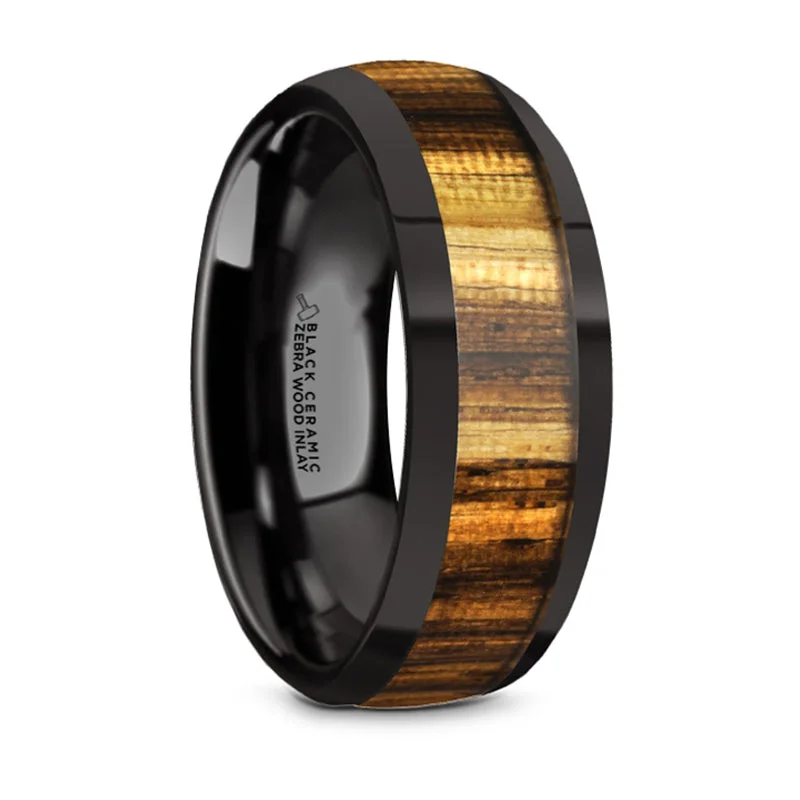 Premium Jewelry Now Available At Special Discounts Thorsten Zerra Black Ceramic Polished Finish Domed Wedding Ring w/ Zebra Wood Inlay (8mm) BC5964-DPZW