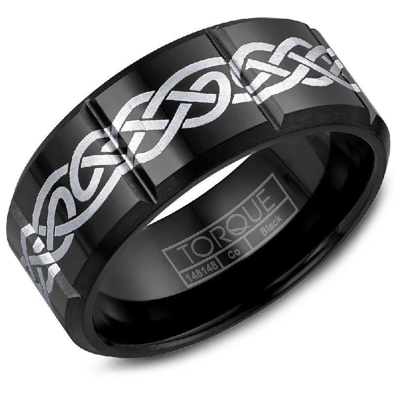 Stunning Statement Jewelry, Unbeatable Discounts Torque Black Cobalt Collection 9MM Wedding Band with White Engraved Design CBB-2052