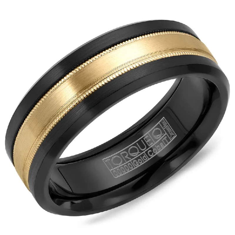 Chic And Stylish Jewelry At Exclusive Prices Torque Black Cobalt & Gold Collection 7.5MM Wedding Band with 14K Yellow Gold Carved Center CB035MY75