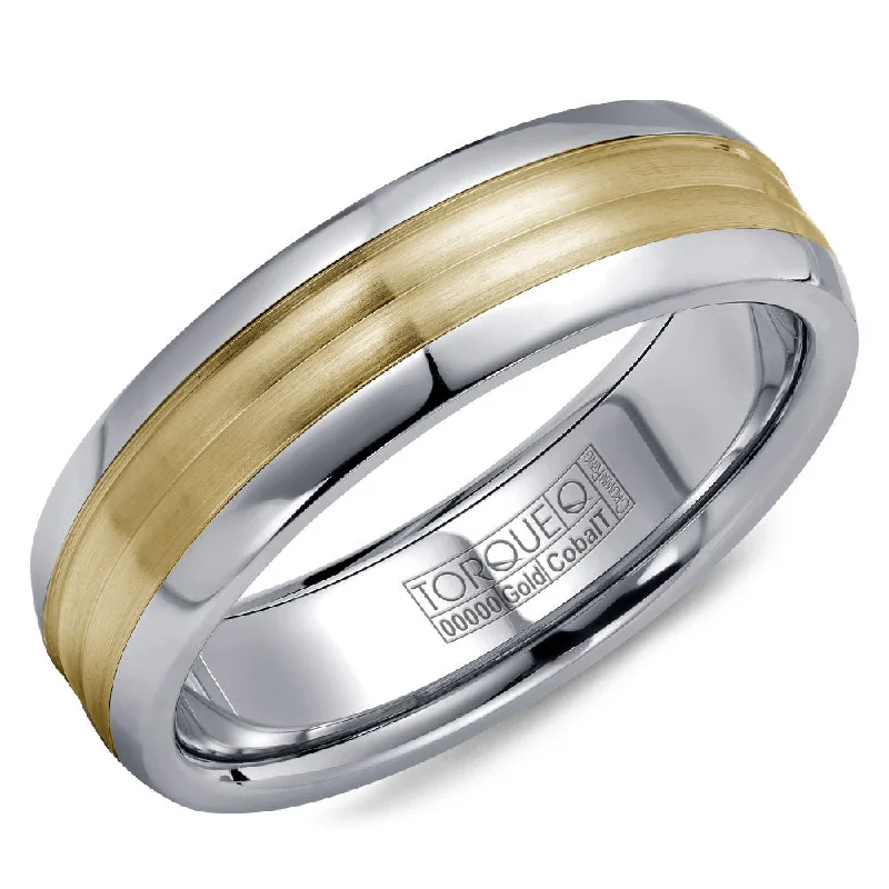 Bohemian-Inspired Jewelry For Free-Spirited Fashion Torque Cobalt & Gold Collection 7.5MM Wedding Band with Yellow Gold Center CW024MY75