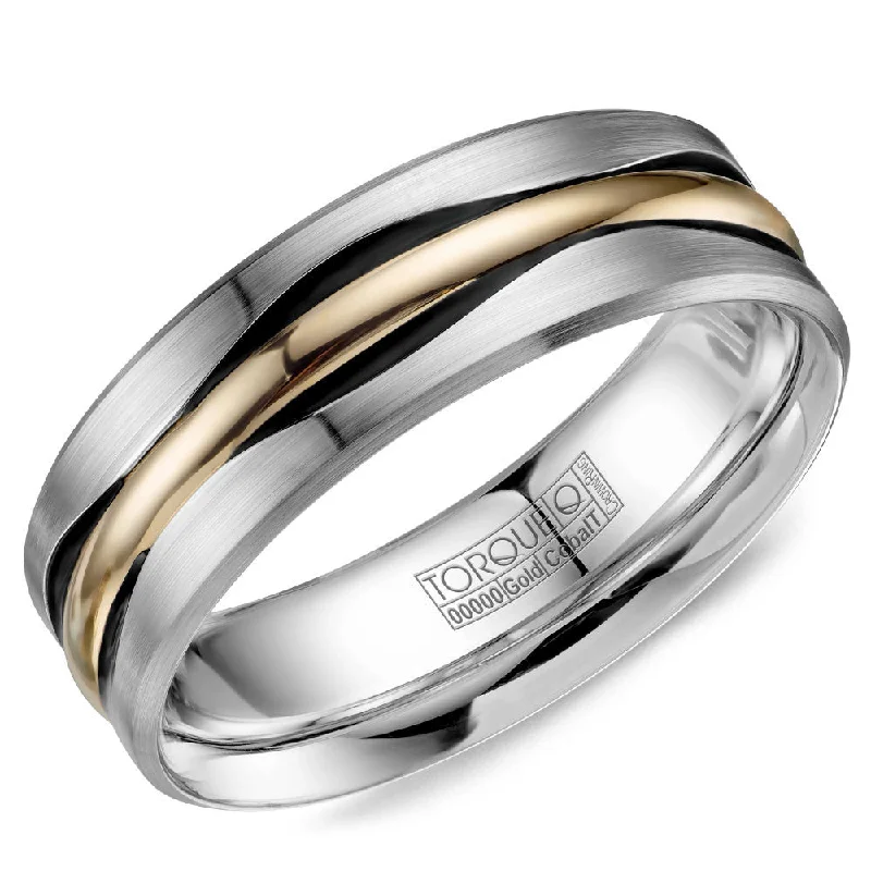 Waterproof Stainless Steel Jewelry For Lasting Beauty Torque Cobalt & Gold Collection 7.5MM Wedding Band with Yellow Gold Center CW112MY75