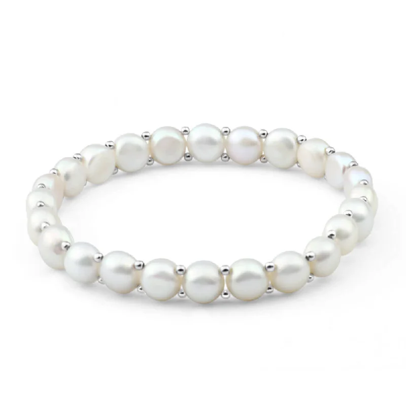 Luxury Meets Affordability – Jewelry Sale Live Now White Freshwater Flat Pearl Stretch Bracelet with Sterling Silver Beads